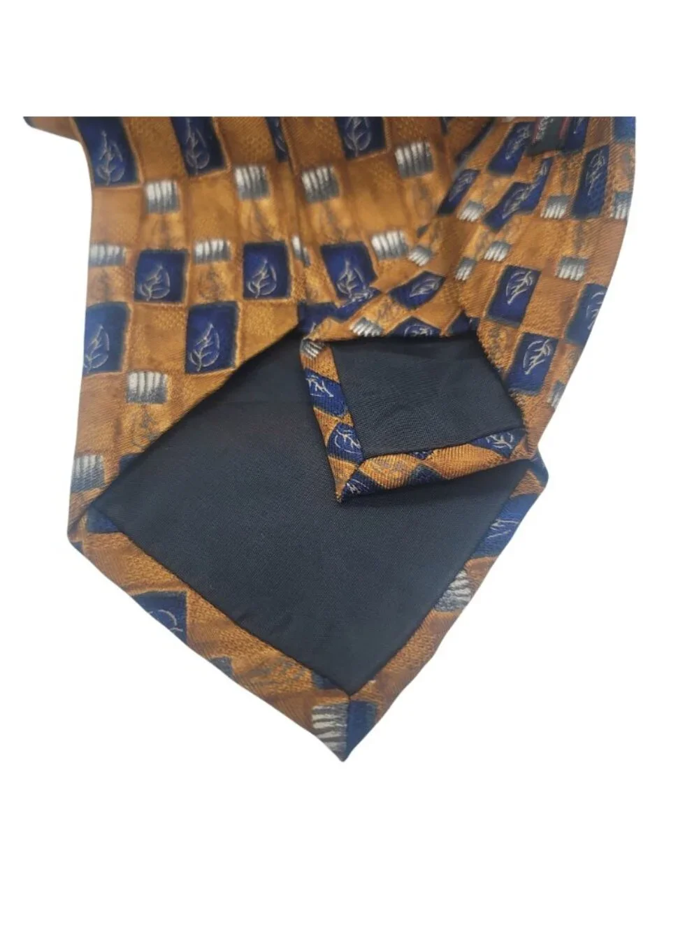 Handcrafted J.Z. Richards Parisian All Silk Tie Gold & Navy Blue Leaf Pattern